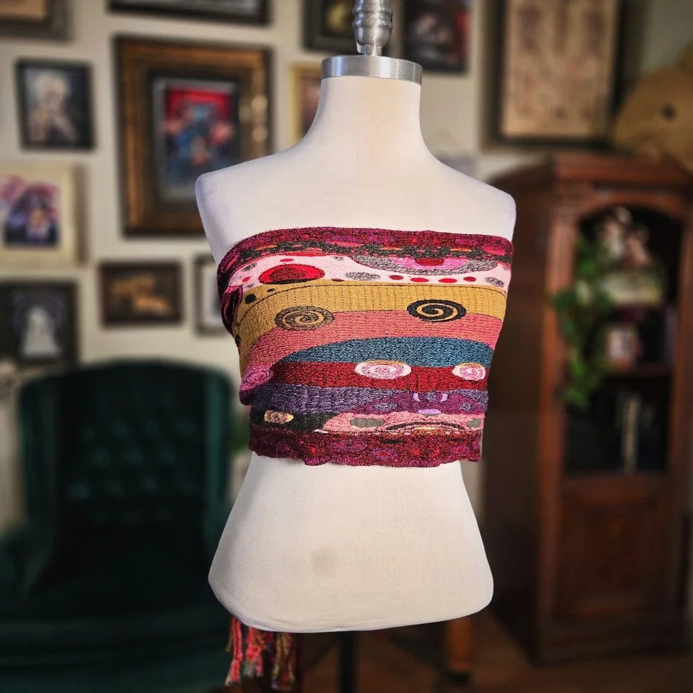 Vintage 90s Chelsey II Abstract Knit Scarf Wrap Magenta Multi Color Boho Fringe